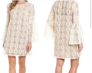 Michael Kors Cream Lace Shift Dress Size XXS Bell Sleeves Detachable Tan Liner - Picture 1 of 22