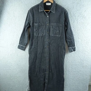 Kinney Womens Dress Small Black Denim Midi Button Distressed Slit Pocket Casual - Picture 1 of 11