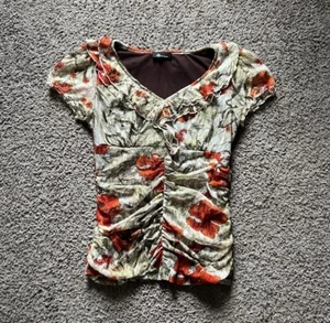 Vintage Y2K 90s Top XL Floral Ruffle Lace Stretch Ruched Fairy Whimsigoth Boho - Picture 1 of 5