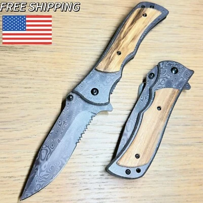 9" Damascus Luxury Wood Tactical Spring Assisted Folding Pocket Knife Blade EDC - Image 1 of 4