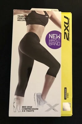 NEW in Box 2XU Women's Mid-Rise Compression 3/4 Tights Black M Medium BLK/DBK  - Image 1 of 4