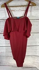 Coastal Blue Badeanzug Schulterfrei Rüschen Einteiler Einfarbig Rot Übergröße 1X Schwimmen - Bild 1 von 14