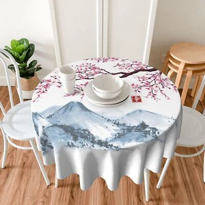 Cherry in Blossom and Mountains Round Tablecloth 60 Inch Decorative Holiday H... - Picture 1 of 7