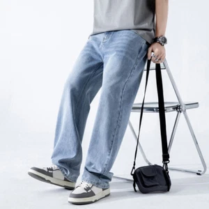 Men Loose Blue Denim Pants Elastic Waist Jeans Work Trousers Straight Leg Casual - Picture 1 of 10