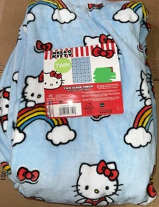 Hello Kitty Twin Soft Blanket 60”x90” Pastel Blue Throw “Clouds Rainbows Bows” - Picture 1 of 1