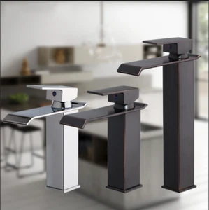 Waterfall Spout Sink ORB/Nickel/Chrome Bathroom Basin Mixer Faucet Brass Taps - Picture 1 of 45