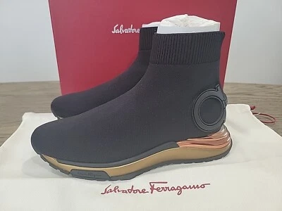 Salvatore Ferragamo Women Black Gold Gardena Sock Sneaker Shoes 10 C New In Box - Image 1 of 4