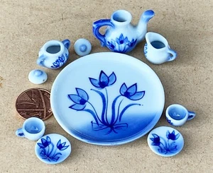 Juego de café de cerámica para casa de muñecas azul y blanco 10 piezas escala 1:12 B138 tumdee - Imagen 1 de 7