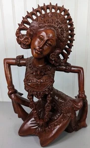 Wood Carved Balinese Hindu Indonesian Goddess Fan Dancer Figurine 14 1/4" Vin - Picture 1 of 10