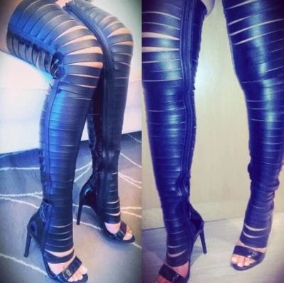 Sexy Mujer Stiletos Tacones Altos Zapatos Sobre la Rodilla Muslo Botas Punta Abierta Club Sandalias Foto 1 de 4