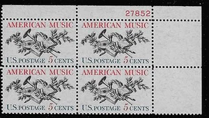 US Scott #1252, Plate Block #27852 1964 American Music 5c FVF MNH Upper Right - Picture 1 of 1