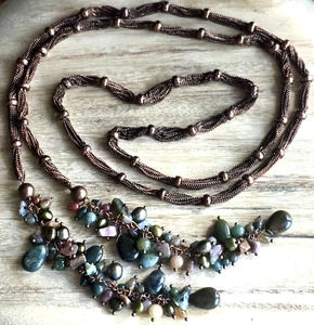 Long Multi Strand Bronze Chain Tie Lariat Necklace Genuine Pearl & Semiprecious - Picture 1 of 6