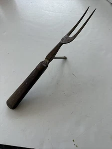 Vintage Meat Carving Serving Fork Kitchen Utensil Wood Handle 10” Fold Down Leg - Picture 1 of 5