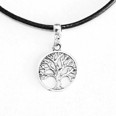 Collana Girocollo ALBERO DELLA VITA ciondolo Argento corda nera nero Uomo Donna - Immagine 1 di 4