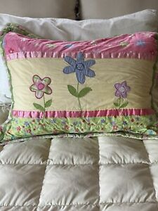 Circo Happy Flower Pillow Sham Pink Green Quilted Pillowcase Applique Ribbon