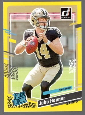 2023 Jake Haener Donruss Football Yellow Flood Rated Rookie RC Saints #374 - Image 1 of 2