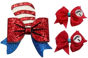 NEW Dr. Seuss Cat in the Hat Thing 1  2 Hair Bow Girl Clip Glitter 4.5 Inches - Picture 1 of 4
