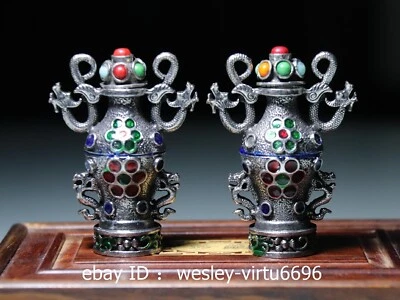 Antiguo Palacio del Tíbet Blanco Cobre Plata Dragón Botella Tapé Acuario Olla Jarrón Par Foto 1 de 4