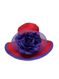 Red & Purple Womens Polyester Hat With Decorative Flower - Picture 1 of 9
