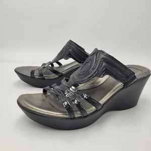 Naot Damen-Sandalen Größe 9 T-Riemen Pantoletten Keilabsatz Metallic Zinn & Schwarz EU 41 - Bild 1 von 15