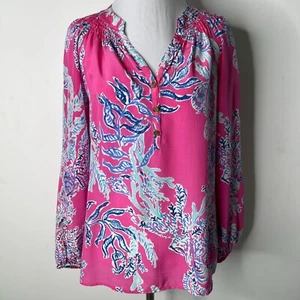 Lilly Pulitzer #41773 Women's Pink Blue Elsa Long Sleeve V-Neck Blouse Size XS - Picture 1 of 12