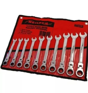 Flexi Head Ratchet Spanner Set Swivel Head Wrench Set Combination 10pc 10-19mm - Picture 1 of 2