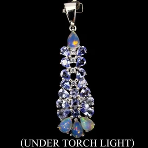 GEM Top Blue Violet Tanzanite,Rainbow Fire Opal &W Cz 925 Silver Pendant ChainFr - Picture 1 of 4