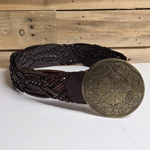 Cintura donna New York & Company XL marrone pelle intrecciata fibbia floreale boho western - Foto 1 di 12