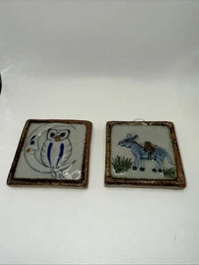 Vintage Ken Edwards Tonalá Tiles Set of 2 Signed Mexican Pottery Donkey Owl Moon - Picture 1 of 8