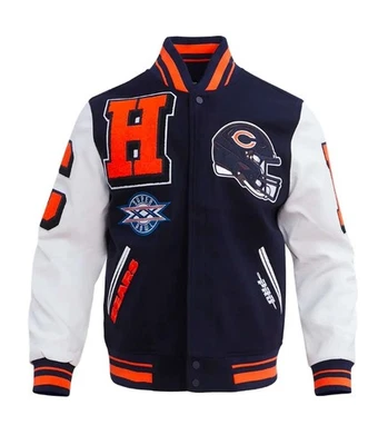 Шерстяная кожаная темно-синяя мужская футбольная куртка NFL Chicago Bears Varsity Letterman - Изображение 1 из 4
