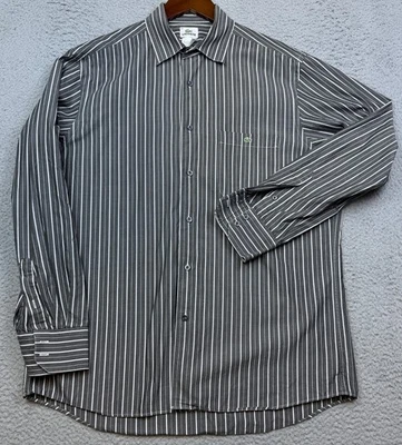 Camisa masculina Lacoste 42 cinza escuro listrada bolso de crocodilo manga longa botão para cima - Imagem 1 de 4