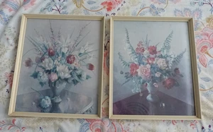 PAIR VERNON WARD FRAMED PRINTS VINTAGE MID CENTURY STILL LIFE FLOWERS GLAZED - Picture 1 of 10