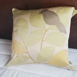 West Elm Silk Pillow Cover Bird on Branch Leaf 16 x 16 Taupe Light Green Yellow - Picture 1 of 9