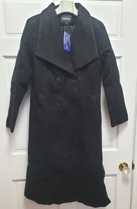 Chouyatou Women's Shawl Collar Long Double Breasted Wool Pea Coat Black - Medium - Picture 1 of 4