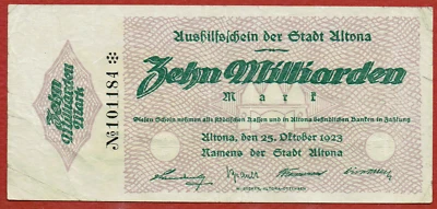 AUSHILFSSCHEIN DER STADT ALTONA 23. 10. 1923 10 MILLIARDEN MARK CH VF - Image 1 of 2