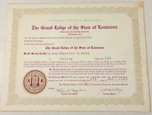 Freimaurer Großmeister Zertifikat von 50 Jahren Mitgliedschaft Louisiana 1983 - Bild 1 von 3