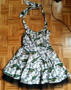 Hearts & Roses Rockabilly Dress Pin Up 50s retro birds print halter neck, tulle - Picture 1 of 18