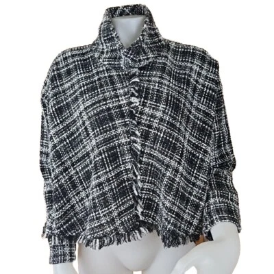 Zara Tweed Fringed Top Womens M Black White Plaid Funnel Mock Neck Crop Pullover - Image 1 of 4