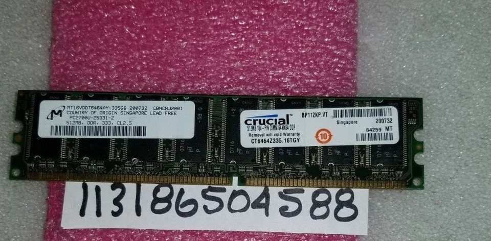 512MB PC 2700 DDR 333 PC2700 DDR333 184PIN NON-ECC DUAL RANK 2RX8 32X8 PC RAM  - Image 1 of 1