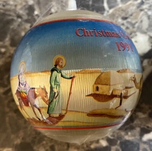 Christmas Greetings 1991 Satin Silk Ball Ornament Vintage Mary Joseph Nativity - Picture 1 of 8