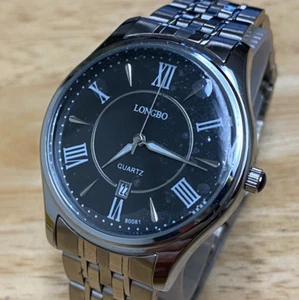 Unused Longbo Mens Silver Black Roman Analog Quartz Watch~Date~New Battery - Picture 1 of 5