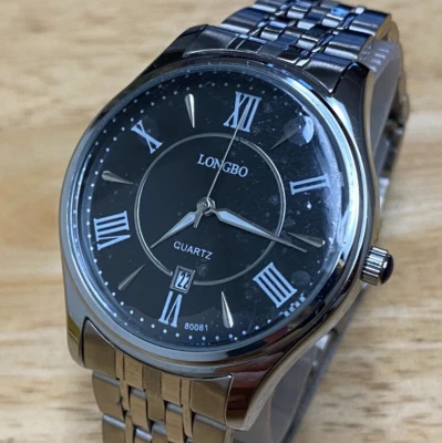 Reloj de cuarzo analógico romano negro plateado Longbo para hombre sin usar ~ fecha ~ batería nueva Foto 1 de 4