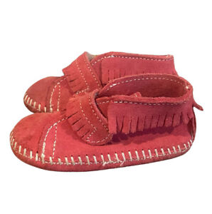 Minnetonka Pink Leather Moccasins Size 5 Bootie Crib Infant Toddler Soft Sole
