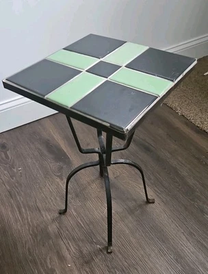 Vintage Tile Top Wrought Iron Table or Plant Stand - Green & Black  - Image 1 of 4