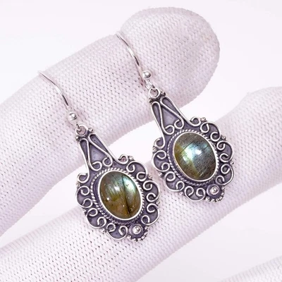 Pendientes bereberes labradorita natural de Madagascar de plata de ley 925 joyería retro Foto 1 de 4