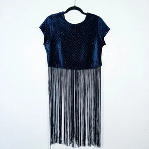 NWT Zara Navy Blue Quilted Velvet & Rhinestone Fringe Crop Top Size Medium - Picture 1 of 11