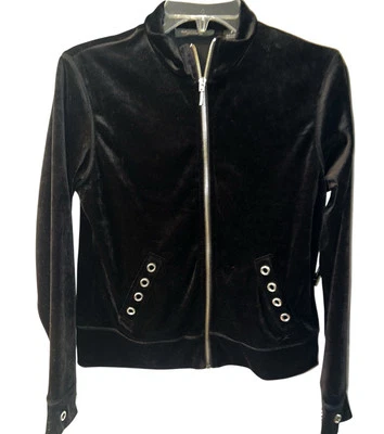 Jaqueta esportiva feminina August seda S preta veludo com zíper ilhó Y2K glam nova - Imagem 1 de 4