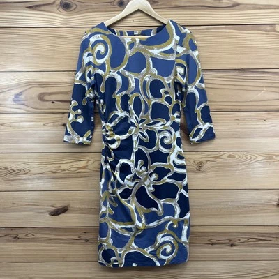 Vestido midi J McLaughlin pequeño tela Catalina acanalada gris mostaza manga 3/4 B142 Foto 1 de 4