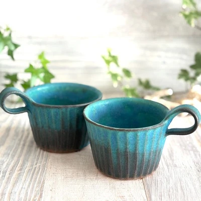 Taza de café de porcelana japonesa Mashiko Yaki Ware esmalte turquesa 2 piezas Foto 1 de 4