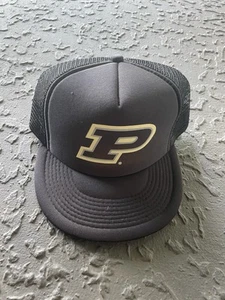 Vtg Purdue University Trucker Hat Snapback Mesh Cap Black Gold Motion P Logo - Picture 1 of 3